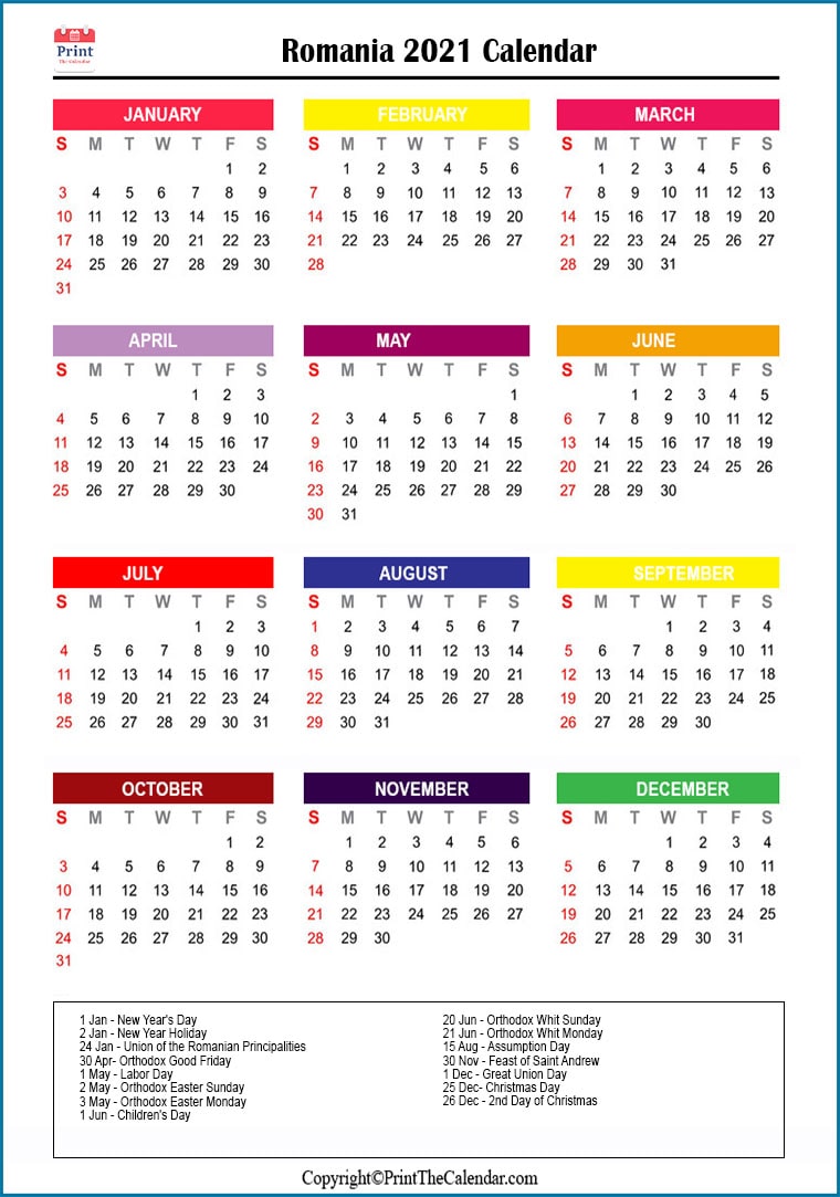 Romania Printable Calendar 2021